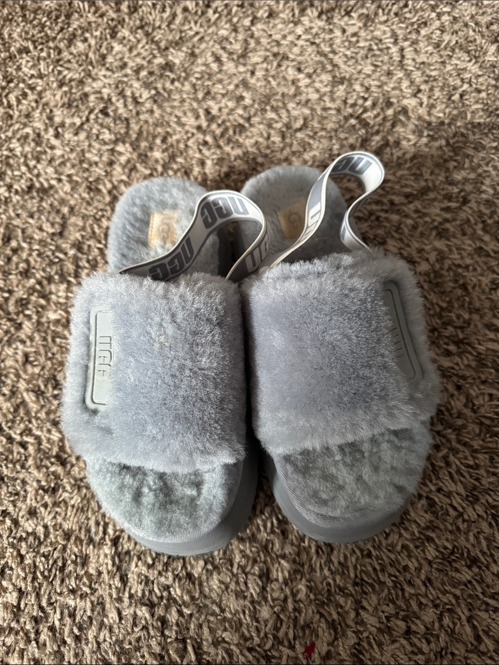 UGG Light Grey Plush Slide Sandals with Branded Elastic Strap